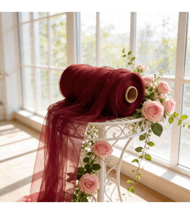 Wine Red Tulle Gauze Roll 50m Extra Long High Strength Polyester Fabric for Wedding Arch Backdrop Decor - Image 1