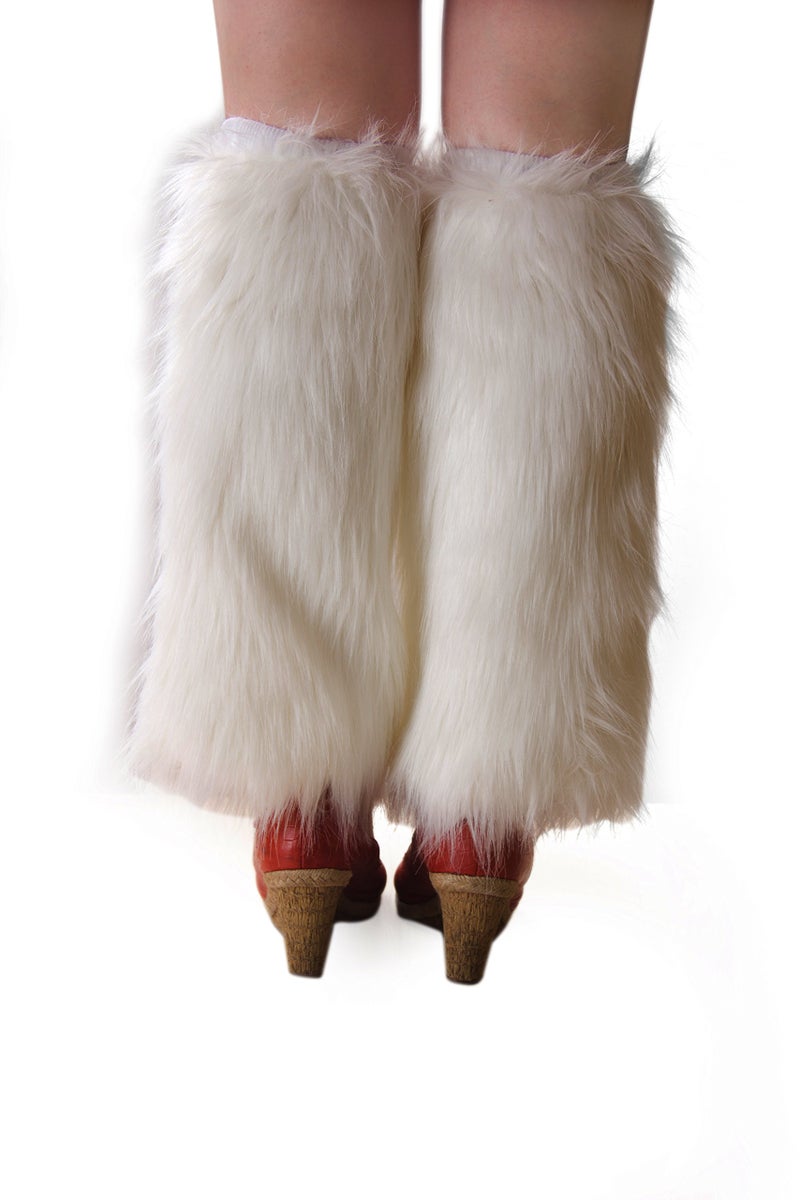 ELLITE Styles ELLITE Womens Faux Fur Warm Fuzzy White Black Coffee Rainbow Leg Warmers/Boot Sleeves/Boot Covers-White - Image 3
