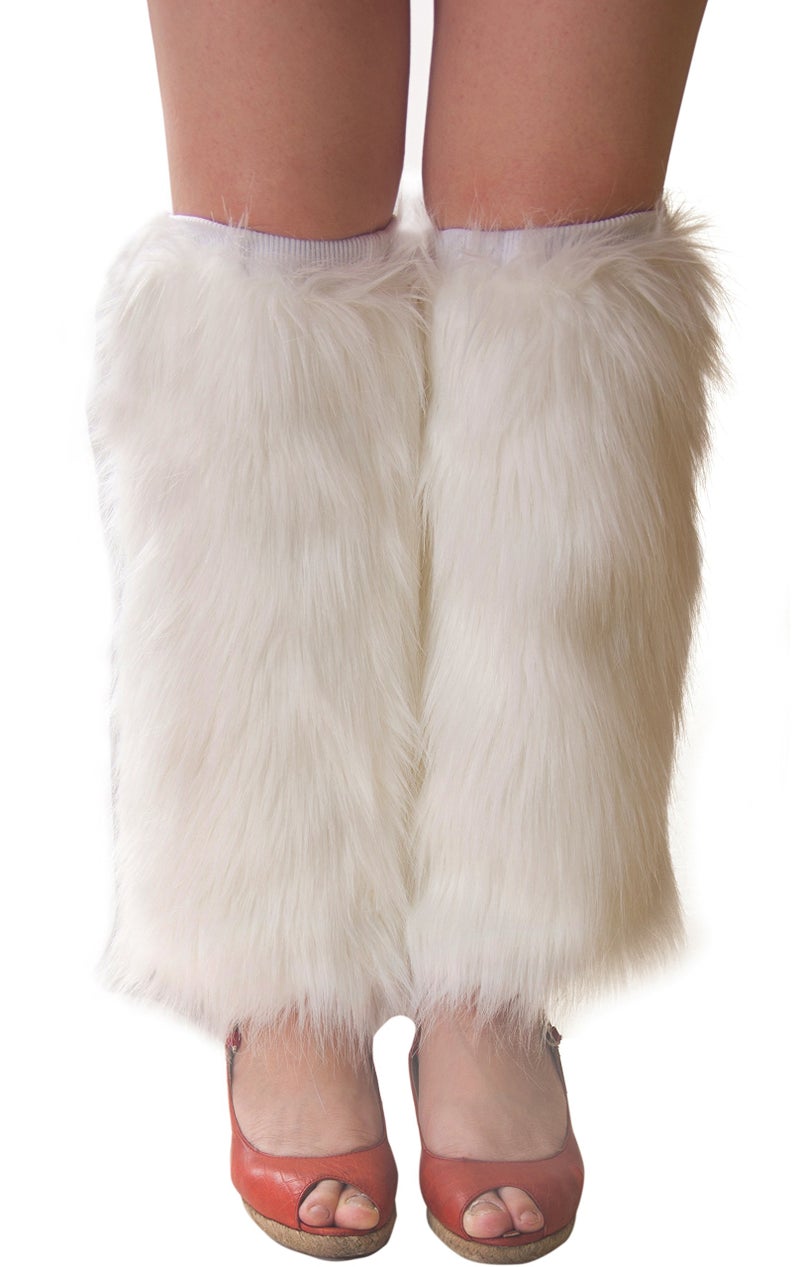 ELLITE Styles ELLITE Womens Faux Fur Warm Fuzzy White Black Coffee Rainbow Leg Warmers/Boot Sleeves/Boot Covers-White - Image 2