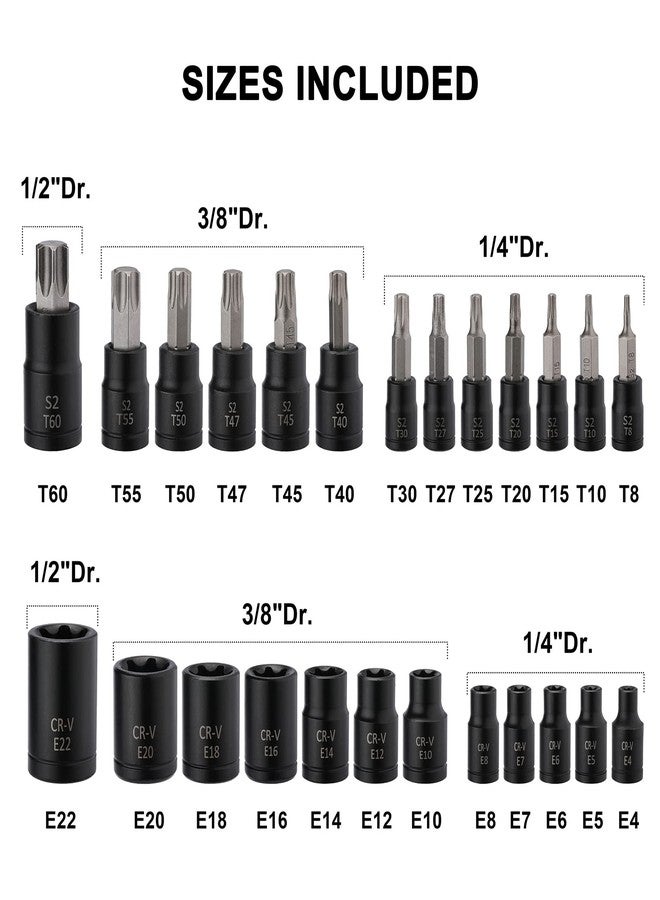 Mayouko 25PCS 1/4",3/8",1/2" Drive Torx Bit and External Socket Set,12 Female E-Torx Sockets and 13 Star Socket Bits - Image 3