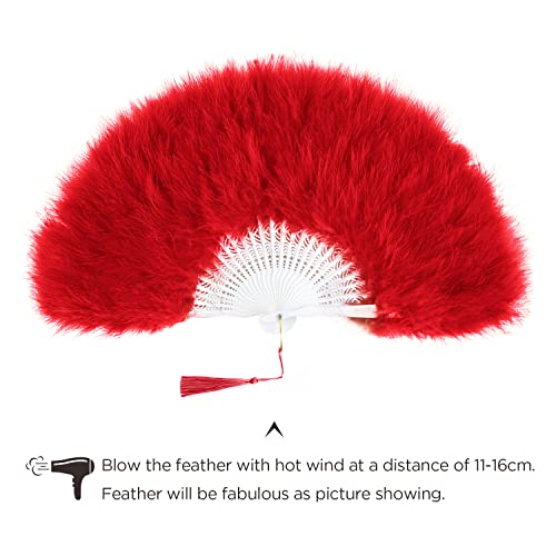 BABEYOND Marabou Feather Fan 20s Vintage Folding Fan Flapper Hand Fan for Costume Dancing Show Tea Party Wedding Decoration (Red) - Image 5