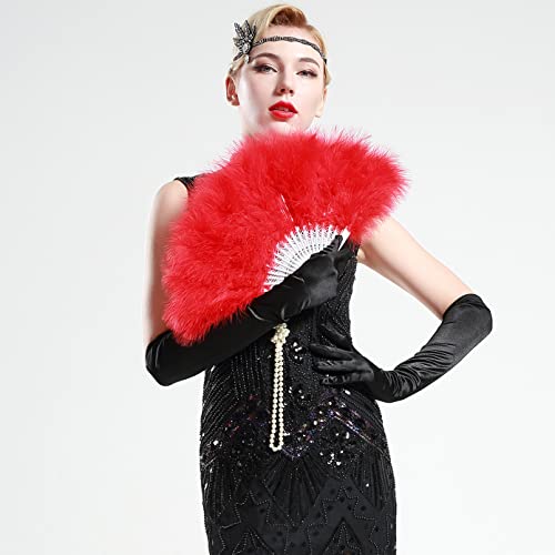 BABEYOND Marabou Feather Fan 20s Vintage Folding Fan Flapper Hand Fan for Costume Dancing Show Tea Party Wedding Decoration (Red) - Image 4