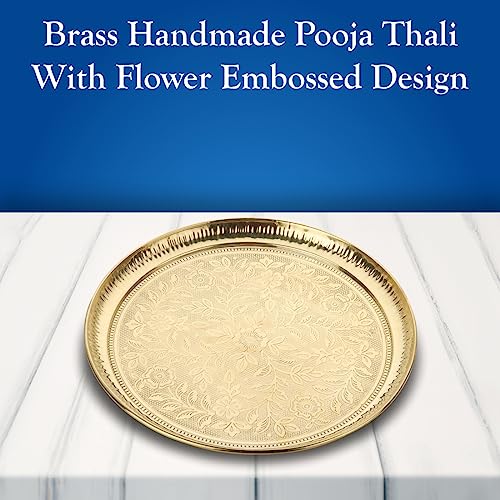 DOKCHAN Handmade Pure Brass Puja Thali with Flower Embossed Design (Gold, Inch) (12 Inch) - Image 2