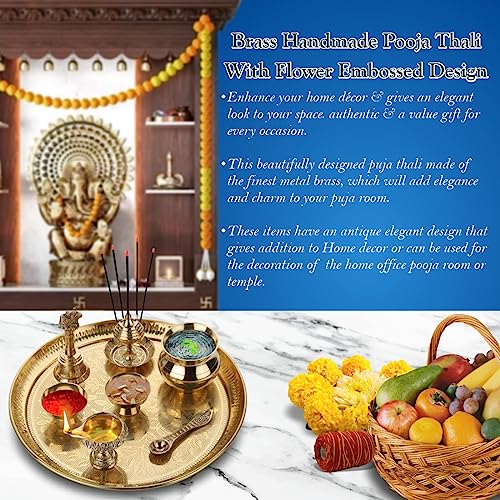 DOKCHAN Handmade Pure Brass Puja Thali with Flower Embossed Design (Gold, Inch) (12 Inch) - Image 5