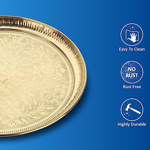 DOKCHAN Handmade Pure Brass Puja Thali with Flower Embossed Design (Gold, Inch) (12 Inch) - Image 3