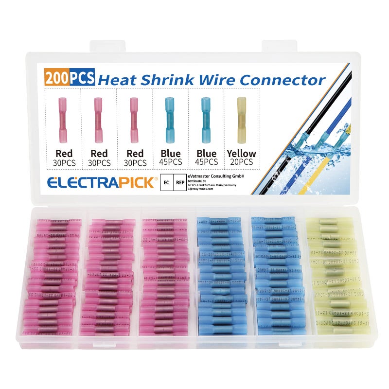 ELECTRAPICK 200Pcs Heat Shrink Butt Connectors, Waterproof Insulated Electrical Terminals Kit, Electrical Wire Crimp Connector for Automotive Marine Boat Truck Stereo Joint
