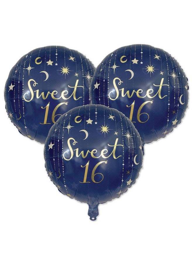 Havercamp Starry Night Sweet 16 Foil Balloons, 3 Pack 18in Round Mylar Balloons, Navy Ombre with Gold Letters, Sweet Sixteen Party - Image 1