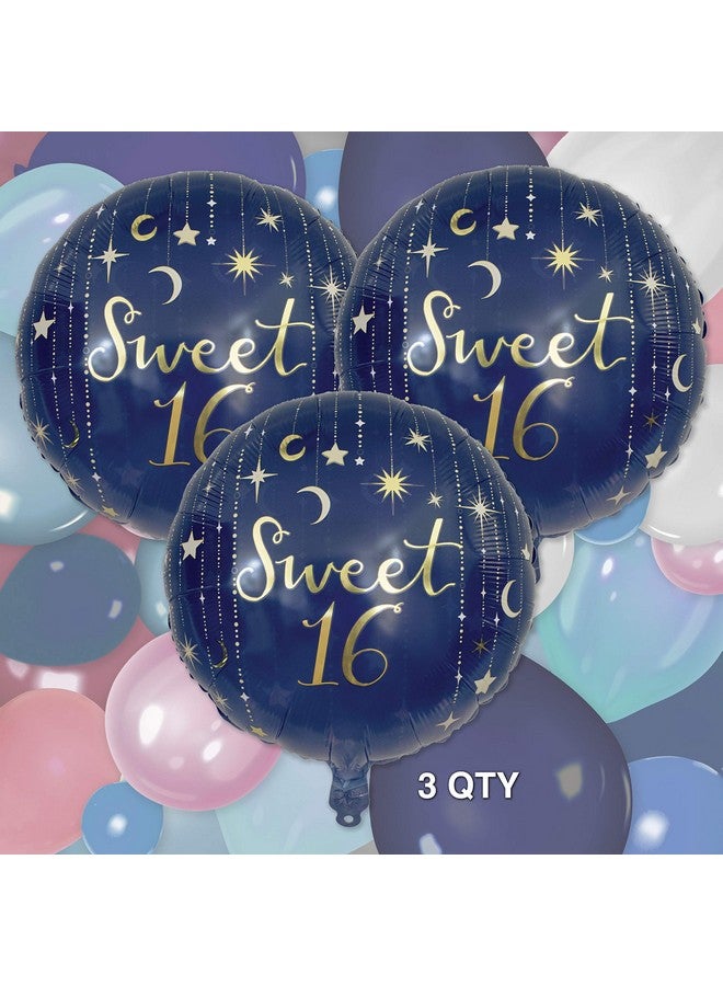 Havercamp Starry Night Sweet 16 Foil Balloons, 3 Pack 18in Round Mylar Balloons, Navy Ombre with Gold Letters, Sweet Sixteen Party - Image 2