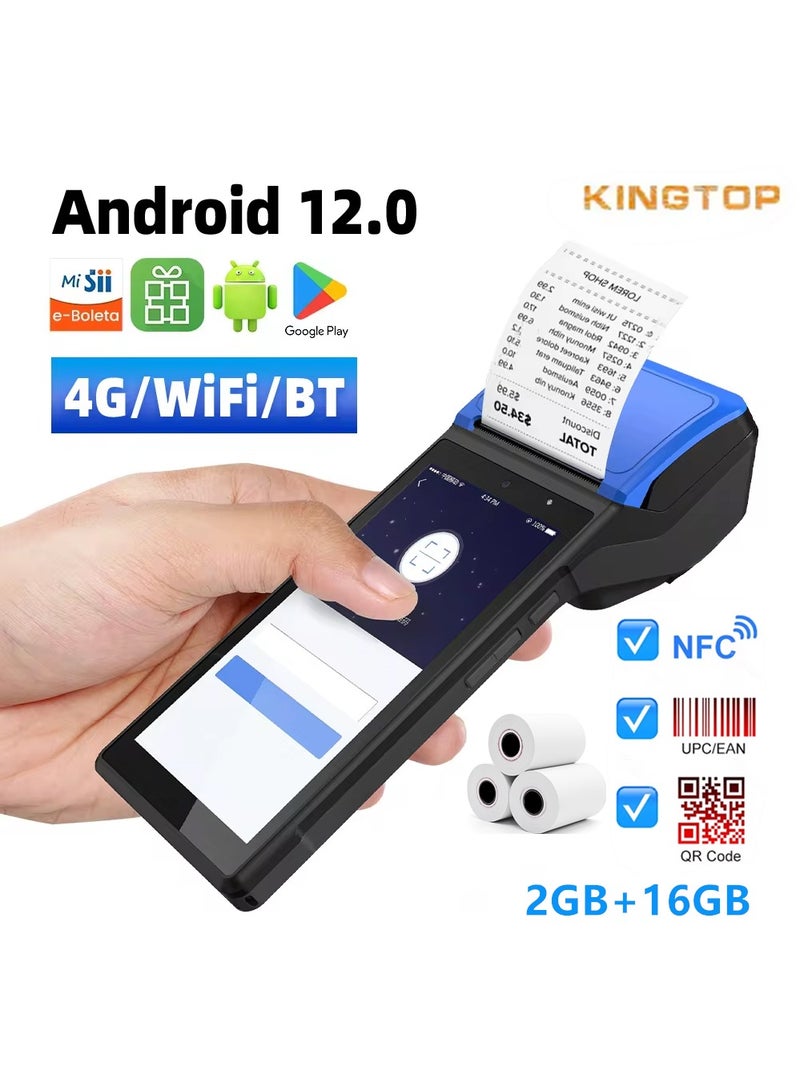 KINGTOP Handheld POS PDA Receipt Printer 58mm High Speed Thermal Paper Printer Smart POS Terminal, POS Machine Scan 1D/2D/QR Barcodes, POS System with NFC/2G/3G/4G/WiFi/BT (Included 3 Rolls Thermal Paper) - Image 1