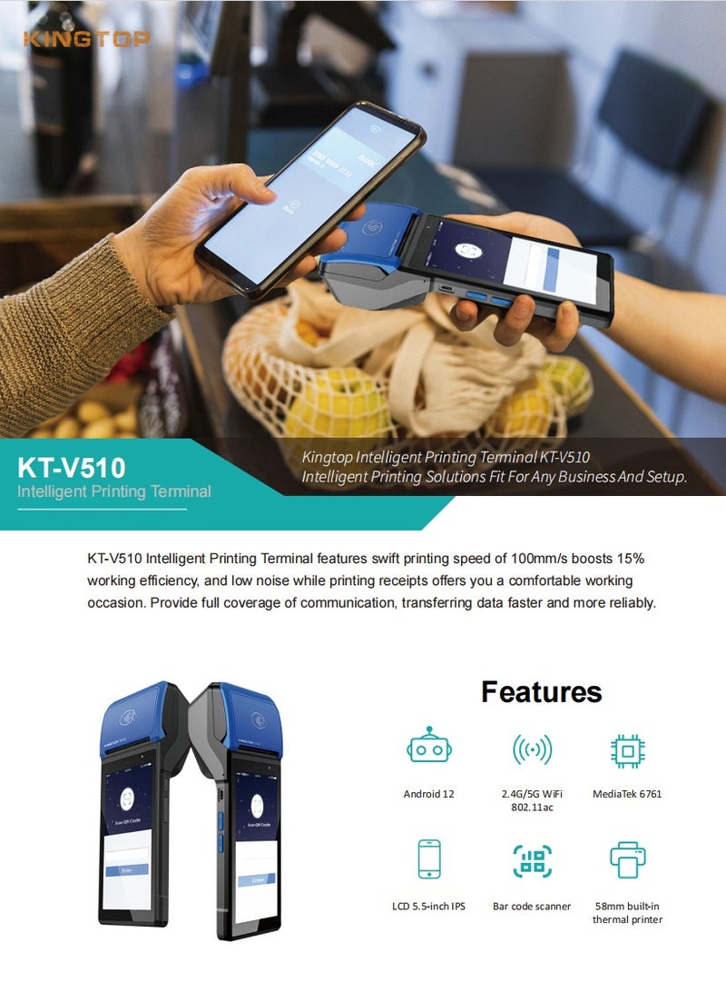 KINGTOP Handheld POS PDA Receipt Printer 58mm High Speed Thermal Paper Printer Smart POS Terminal, POS Machine Scan 1D/2D/QR Barcodes, POS System with NFC/2G/3G/4G/WiFi/BT (Included 3 Rolls Thermal Paper) - Image 4