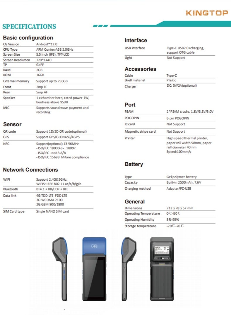 KINGTOP Handheld POS PDA Receipt Printer 58mm High Speed Thermal Paper Printer Smart POS Terminal, POS Machine Scan 1D/2D/QR Barcodes, POS System with NFC/2G/3G/4G/WiFi/BT (Included 3 Rolls Thermal Paper) - Image 5