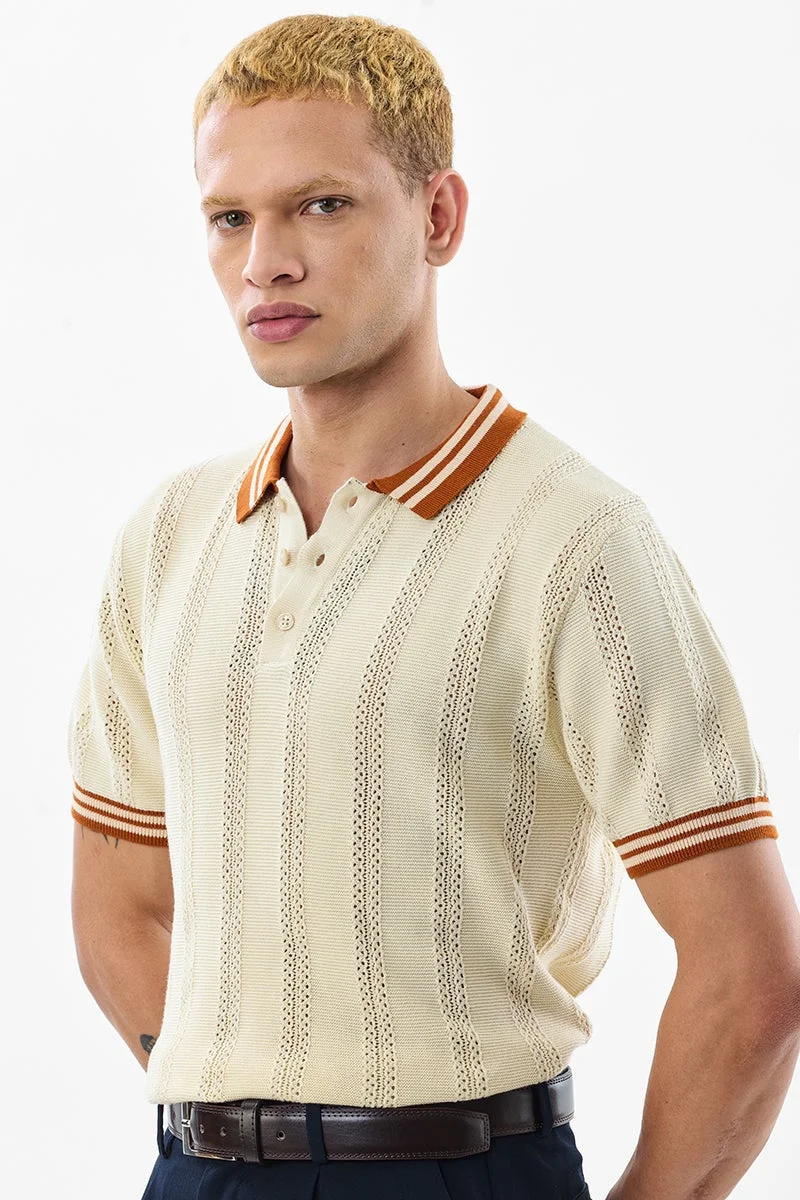 سنيتش Cream Textured Half Sleeve Regular Fit T-Shirt
