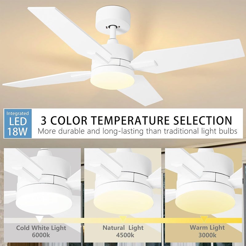 Ohniyou Ceiling Fan with Lights and Remote Control, 40" Small Outdoor Ceiling Fans with 4 Reversible Blades 3 Colors 6 Speeds Ceiling Fan Light for Bedroom Patio Porch, White - Image 3