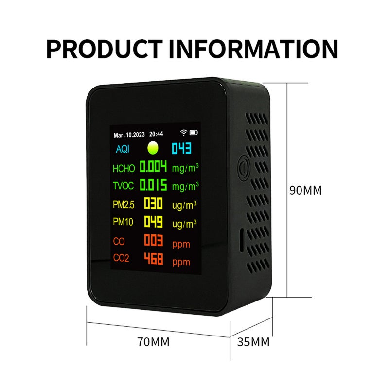 Tuya Wifi Portable Air Quality Meter 7in1 PM2.5 PM10 Carbonic Oxide CO2 TVOC HCHO AQI Tester TFT Color Screen Carbon Dioxide Detector with Time and Date Display Function - Image 5