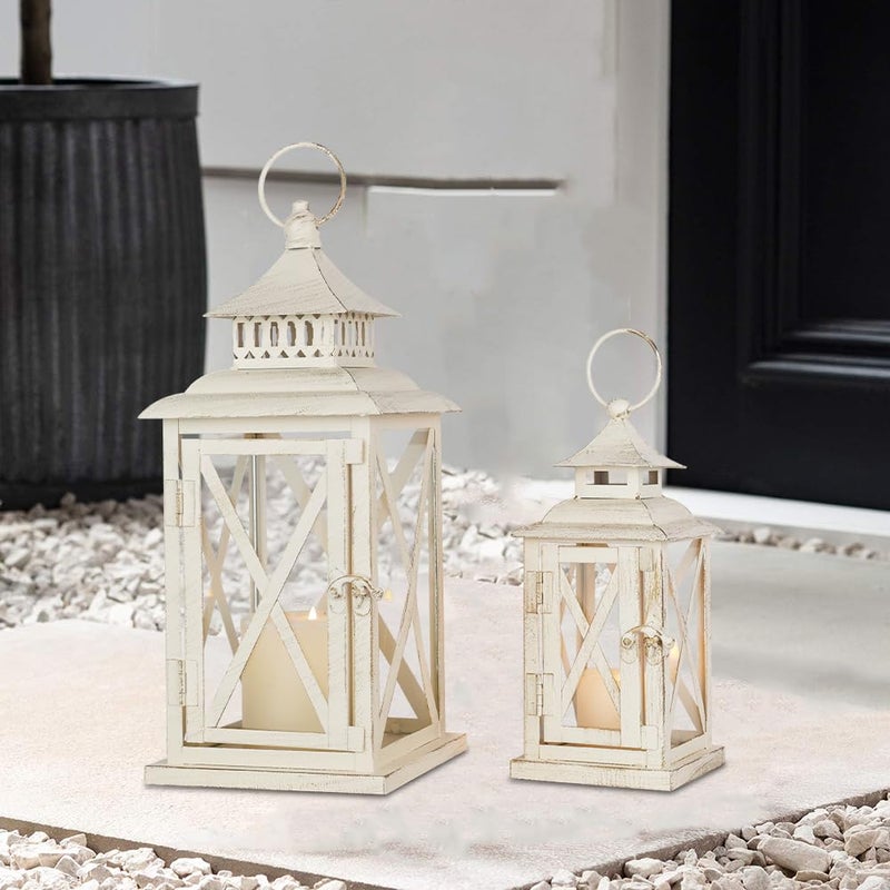 NEEDOMO Lanterns Decorative Outdoor&Indoor, Set of 2 (14"&10") Beige Metal Lantern Decor with Glass, Candle Holder for Porch, Patio, Garden, Balcony, Wedding, Table Centerpiece - Image 3