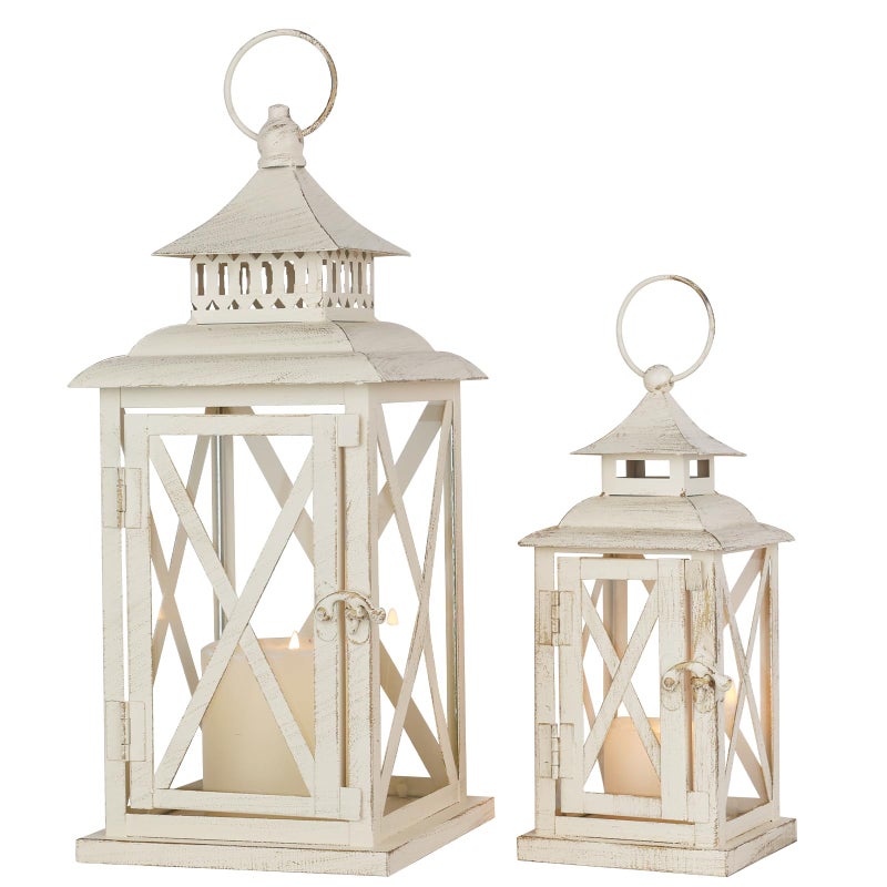 NEEDOMO Lanterns Decorative Outdoor&Indoor, Set of 2 (14"&10") Beige Metal Lantern Decor with Glass, Candle Holder for Porch, Patio, Garden, Balcony, Wedding, Table Centerpiece - Image 1