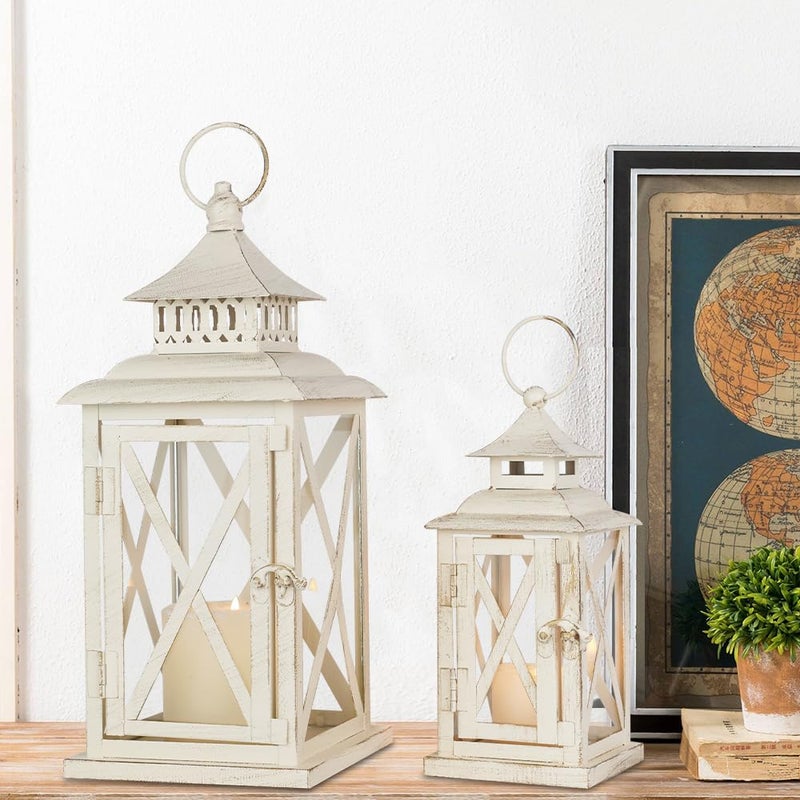 NEEDOMO Lanterns Decorative Outdoor&Indoor, Set of 2 (14"&10") Beige Metal Lantern Decor with Glass, Candle Holder for Porch, Patio, Garden, Balcony, Wedding, Table Centerpiece - Image 4