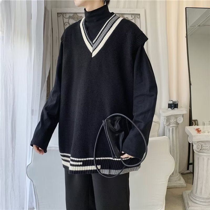 Knit V-Neck Sleeveless Vest Mens Fall 2024 Sweater Waistcoat Black  - Image 1