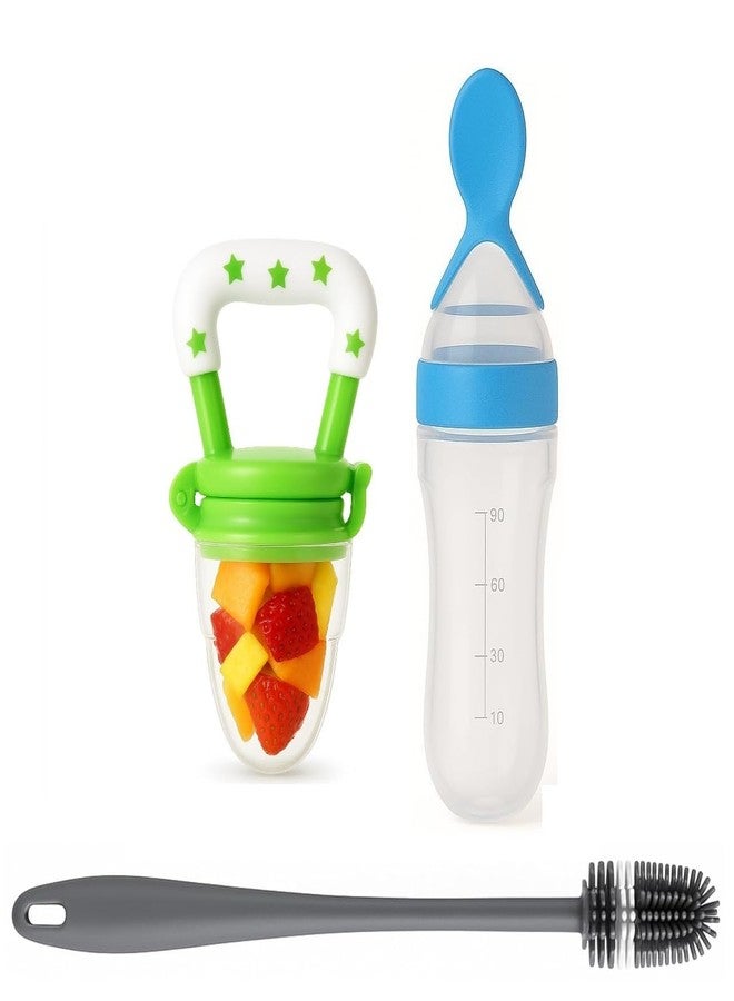 Joy Buzz Baby Food Dispensing Spoon Feeder Bottle 90ml and Fruit Feeder/Nibbler/Pacifier with Bottle Cleaning Brush Pack of 3 (BLU-GRN) - Image 1