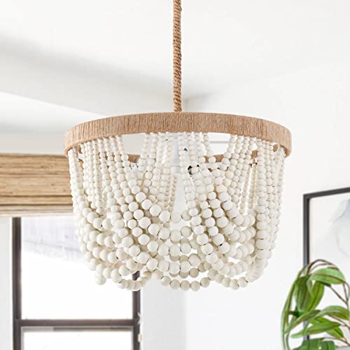 VILUXY Bohemia Wood Beaded Pendant Lights Antique Rustic Mini Chandelier White Finishing for Bedroom, Nursery Room, Girl Room, Hallway, Entryway, Passway, Dining Room, 3-Light - Image 1