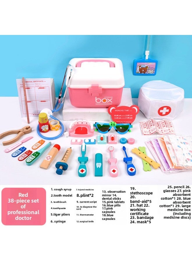 Wooden Set Children's Play House Simulation Medical Kit Role Play Girl Nurse Injection Boy Stethoscope-Color:Red 38 Professional Doctors - Image 1