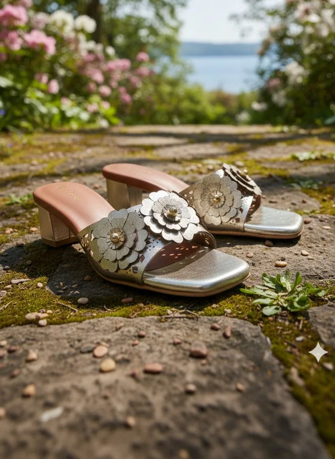 Sandal Stories SANDAL STORIES Gold-Toned Embellished PU Block Mules with Floral Bows
