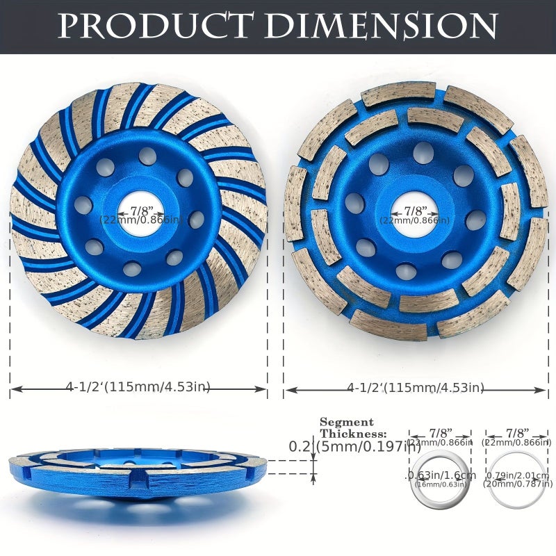 2Pcs Diamond Grinding Cup Wheels 115mm Double Row Turbo Segment for Concrete Granite - Image 2