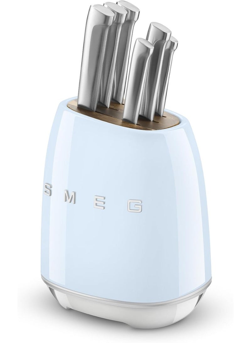 Smeg Knife Block, 6 Knives Included in Stainless Steel, Stainless Steel Block Body and Knife Slot, Acacia Wood, Blue - Image 2