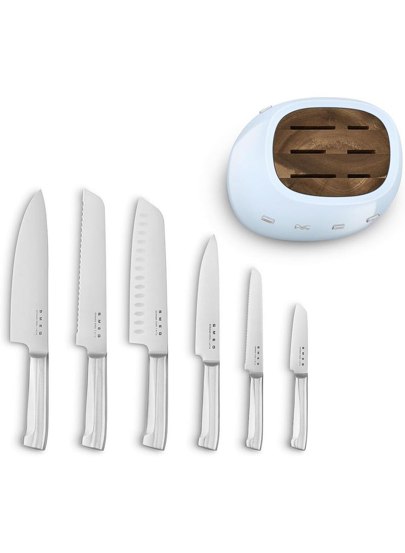 Smeg Knife Block, 6 Knives Included in Stainless Steel, Stainless Steel Block Body and Knife Slot, Acacia Wood, Blue - Image 3