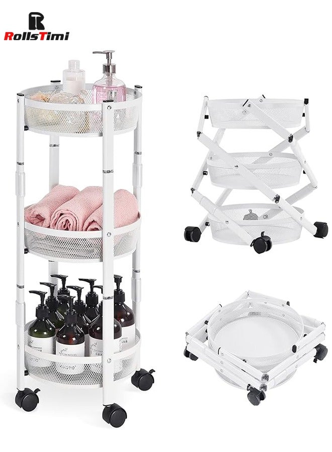 RollsTimi  3-Tier Metal Storage Rolling Cart, Foldable Utility Cart on Wheels, Versatile Serving Organizer Trolley with Lockable Wheels for Kitchen, Living Room, Bathroom, White - Image 2