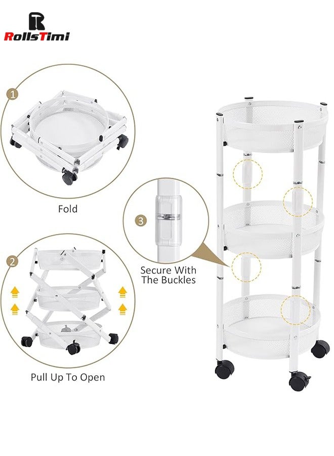 RollsTimi  3-Tier Metal Storage Rolling Cart, Foldable Utility Cart on Wheels, Versatile Serving Organizer Trolley with Lockable Wheels for Kitchen, Living Room, Bathroom, White - Image 3