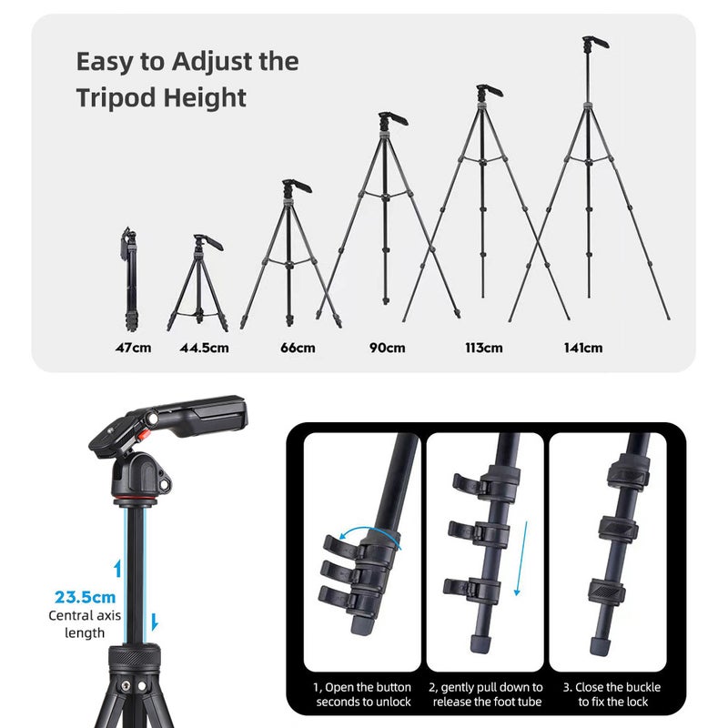 141cm/55.5in Portable Photography Tripod Stand Aluminum Alloy 360° Rotatable 3kg/6.6lb Load Capacity with Handle Built-in Phone Clip for DSLR Cameras Camcorders Smartphones - Image 4