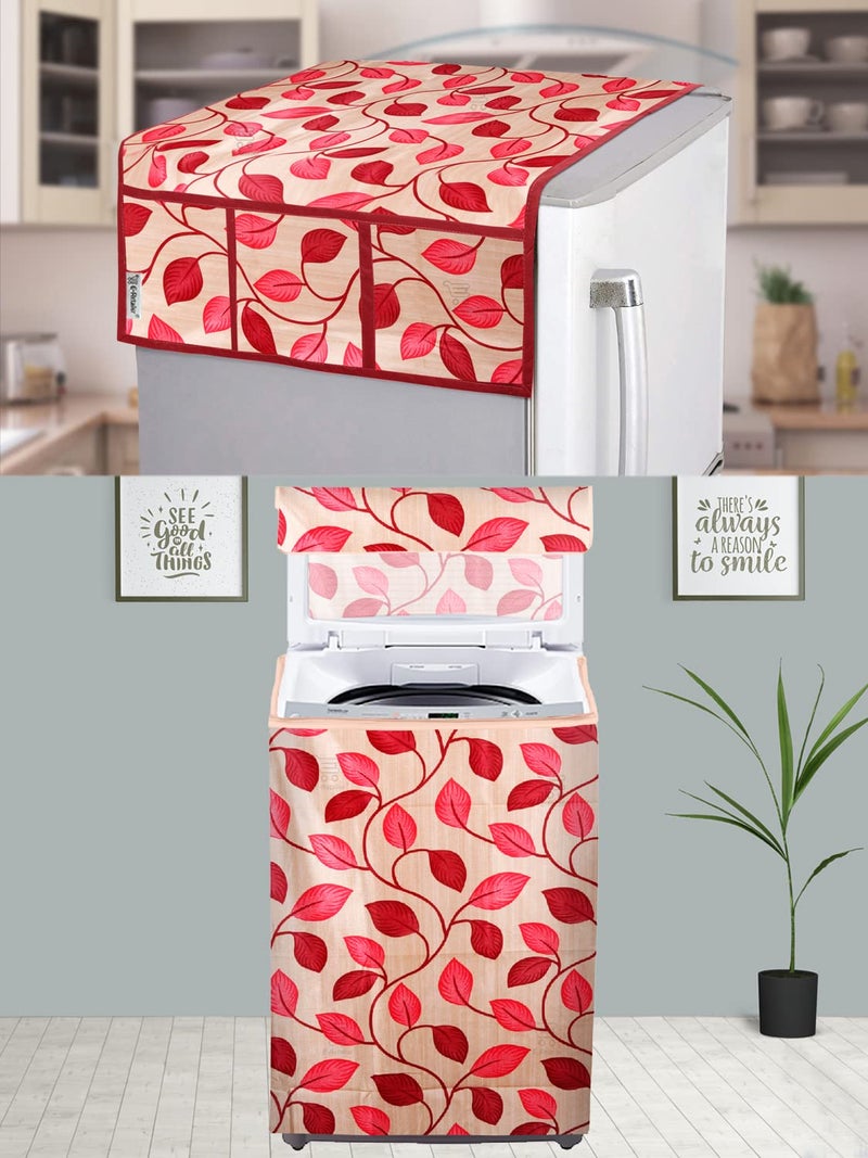 E-Retailer® Exclusive 3-Layered Polyester Combo Set of Appliances Cover (1 Pc. of Fridge Top Cover and 1 Pc. Top Load Washing Machine Cover) (Red, Design-Leaf, Set Contains-2 Pcs.) - Image 1