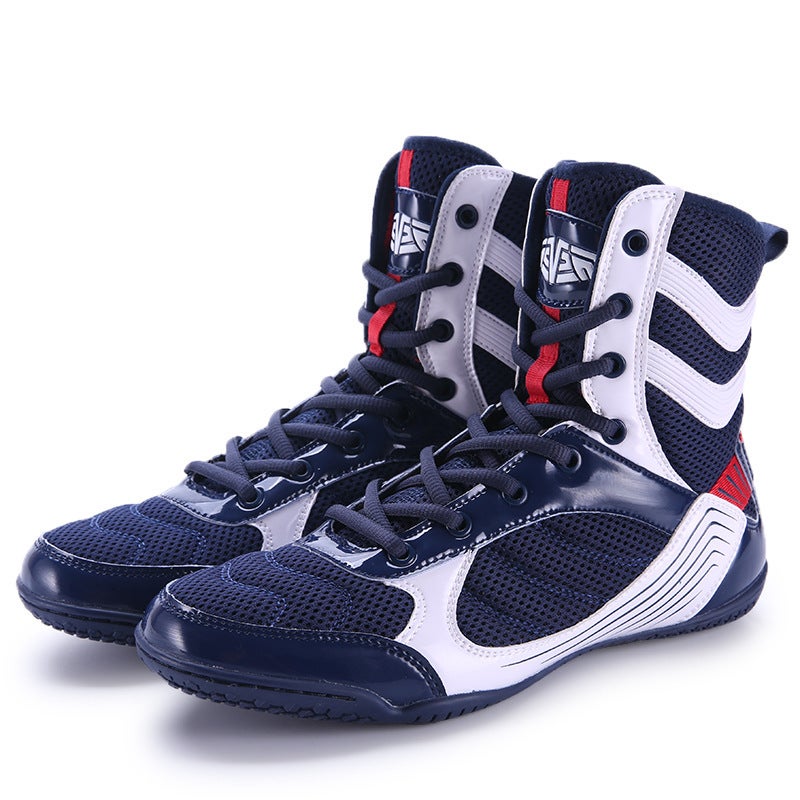 Generic High-top mens and womens boxing shoes non-slip, breathable, wear-resistant, suitable for wrestling, Sanda and other comprehensive training fitness Dark blue/white