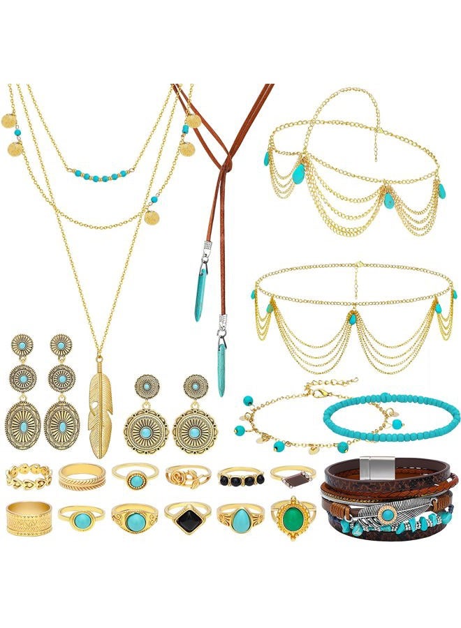 NEWITIN 23 Pieces Gold Bohemian Jewelry Set for Women Fashion Costume Jewels Turquoise Necklace Bracelet Ring Belt Chain Head Chain Earrings Western Turquoise Jewelry Set for Women - Image 1