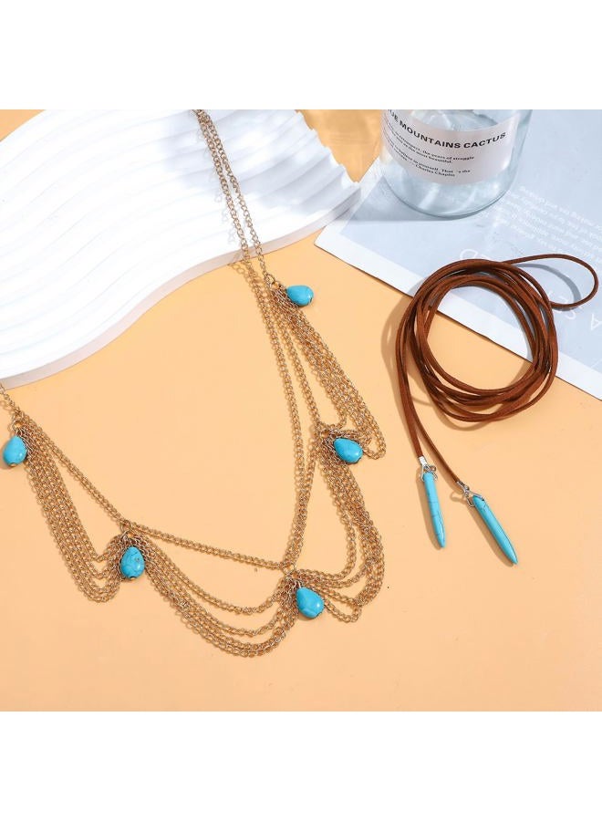 NEWITIN 23 Pieces Gold Bohemian Jewelry Set for Women Fashion Costume Jewels Turquoise Necklace Bracelet Ring Belt Chain Head Chain Earrings Western Turquoise Jewelry Set for Women - Image 3