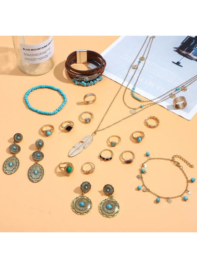 NEWITIN 23 Pieces Gold Bohemian Jewelry Set for Women Fashion Costume Jewels Turquoise Necklace Bracelet Ring Belt Chain Head Chain Earrings Western Turquoise Jewelry Set for Women - Image 2