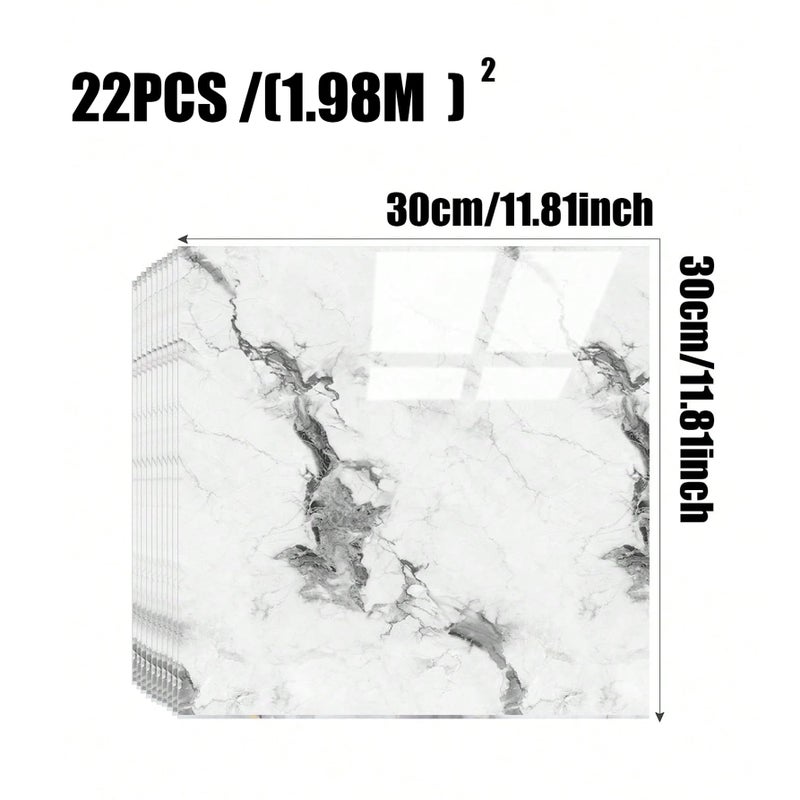 Chejiaye 22pcs Marble Peel and Stick Backsplash Waterproof Washroom Wall Panels, Peel and Stick Tile, PVC Foam Wall Panels for Kitchen,Bathroom,Living Room,White and Grey(Not Real Tile,11.8" x 11.8") - Image 4