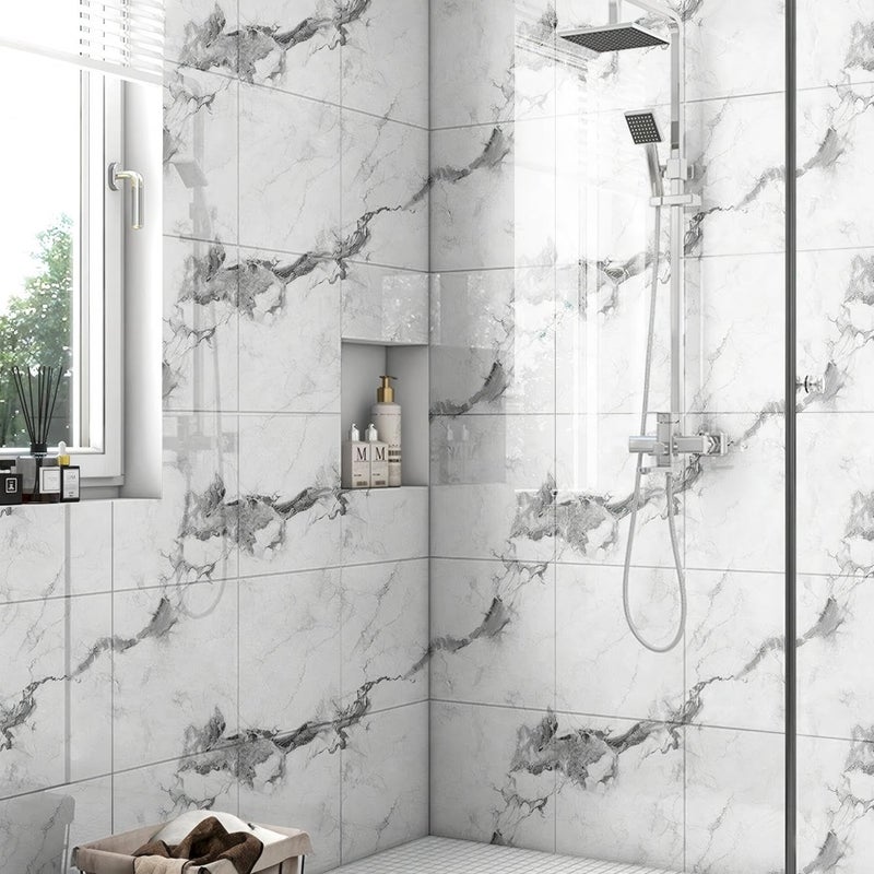 Chejiaye 22pcs Marble Peel and Stick Backsplash Waterproof Washroom Wall Panels, Peel and Stick Tile, PVC Foam Wall Panels for Kitchen,Bathroom,Living Room,White and Grey(Not Real Tile,11.8" x 11.8") - Image 2