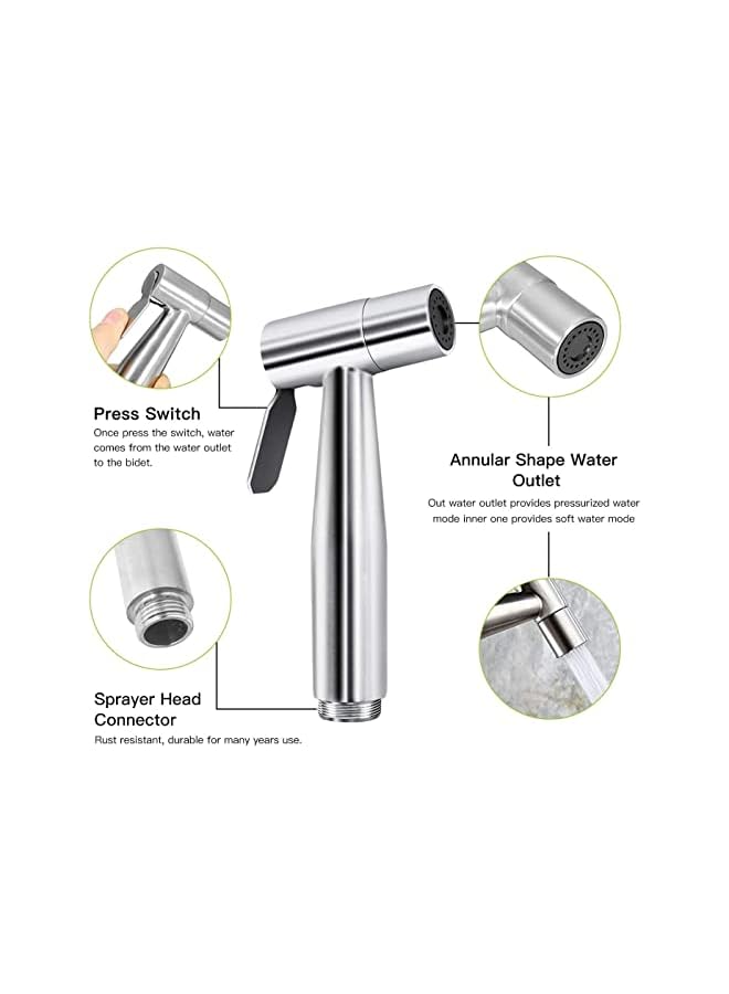 The Bros 3 Pcs Bidet Toilet Spray Gun Set, Handheld Bidet Sprayer Shattaf with Stainless Steel Chrome Hose Toilet Water Sprayer, Silver - Image 3