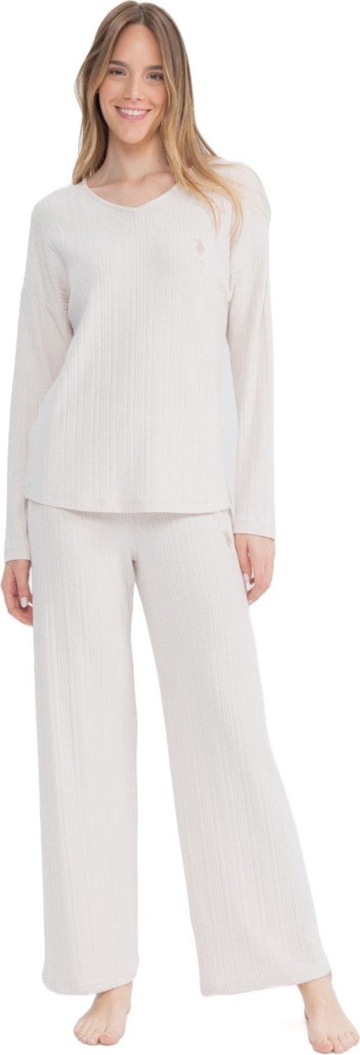 U.S. Polo Assn. 17090 Women's Beige Long Sleeve V Neck Pajama Set - Image 1