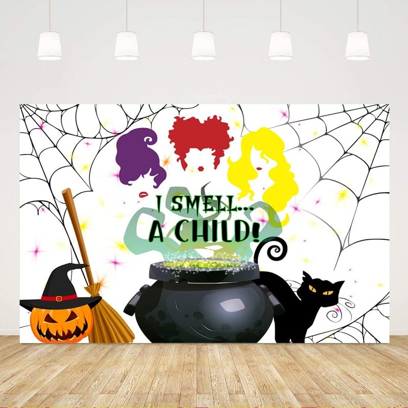 ARS Halloween Hocus Pocus Backdrop Party Decoration Banner I Smell a Child Baby Shower Trick or Treat Photography Background Witch Sisters Drink Up Pumpkin Photo Booth Props Supplies 5x3ft - Image 1