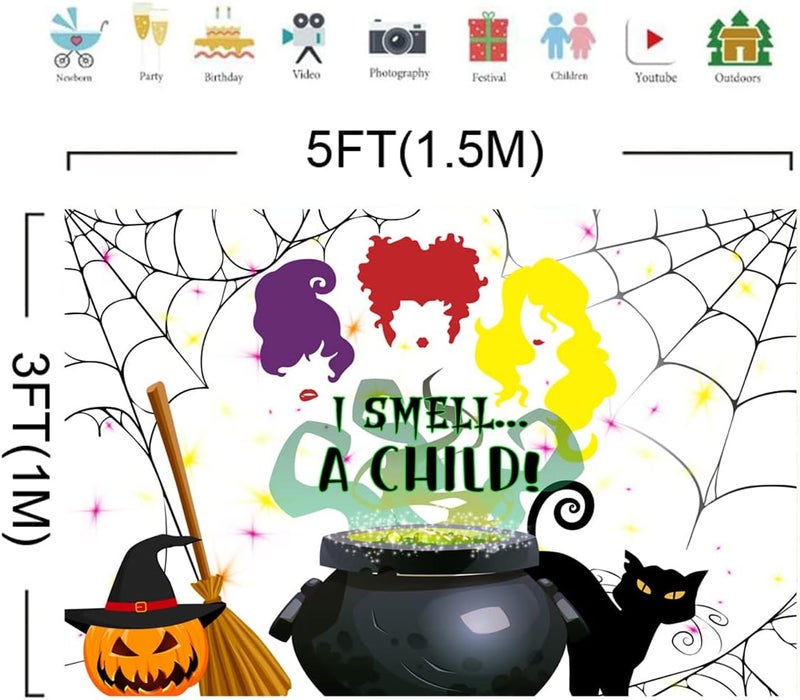 ARS Halloween Hocus Pocus Backdrop Party Decoration Banner I Smell a Child Baby Shower Trick or Treat Photography Background Witch Sisters Drink Up Pumpkin Photo Booth Props Supplies 5x3ft - Image 2