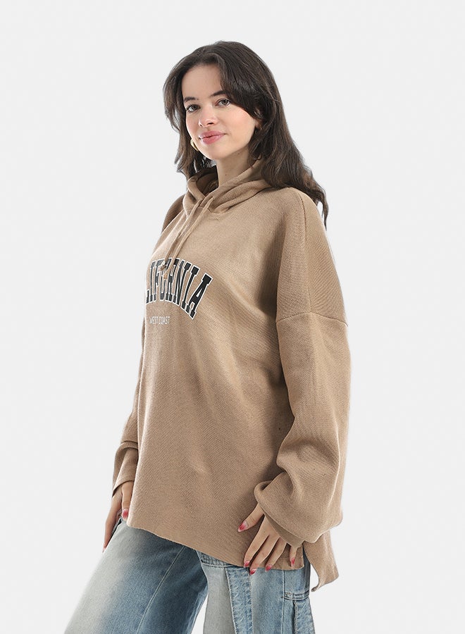 Andora Oversize Printed Hooded Collar Hoodie-Beige - Image 2
