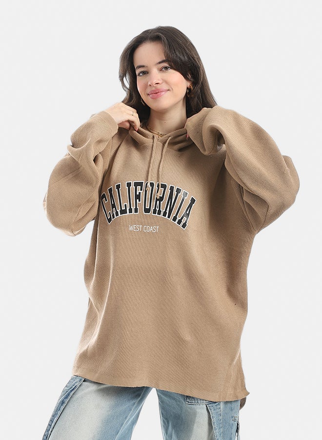 Andora Oversize Printed Hooded Collar Hoodie-Beige - Image 1