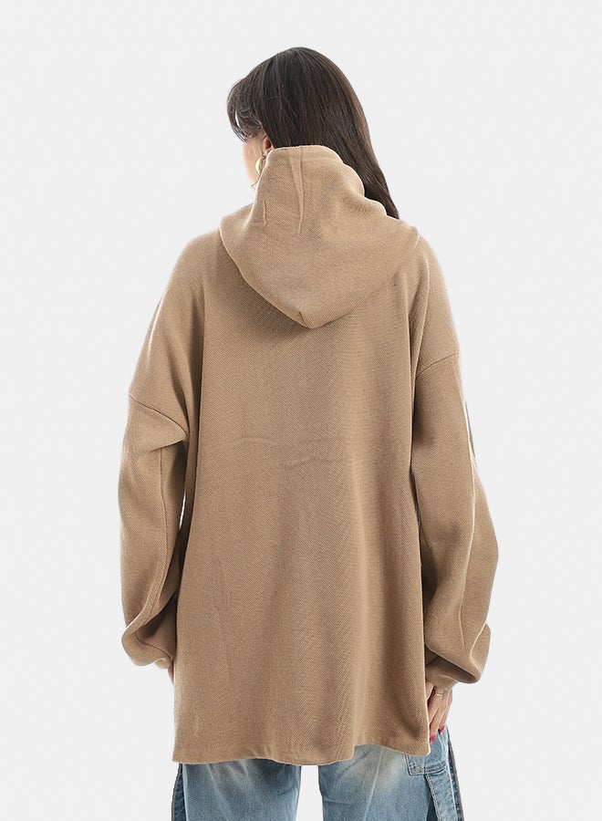 Andora Oversize Printed Hooded Collar Hoodie-Beige - Image 3