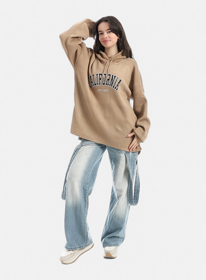 Andora Oversize Printed Hooded Collar Hoodie-Beige - Image 5