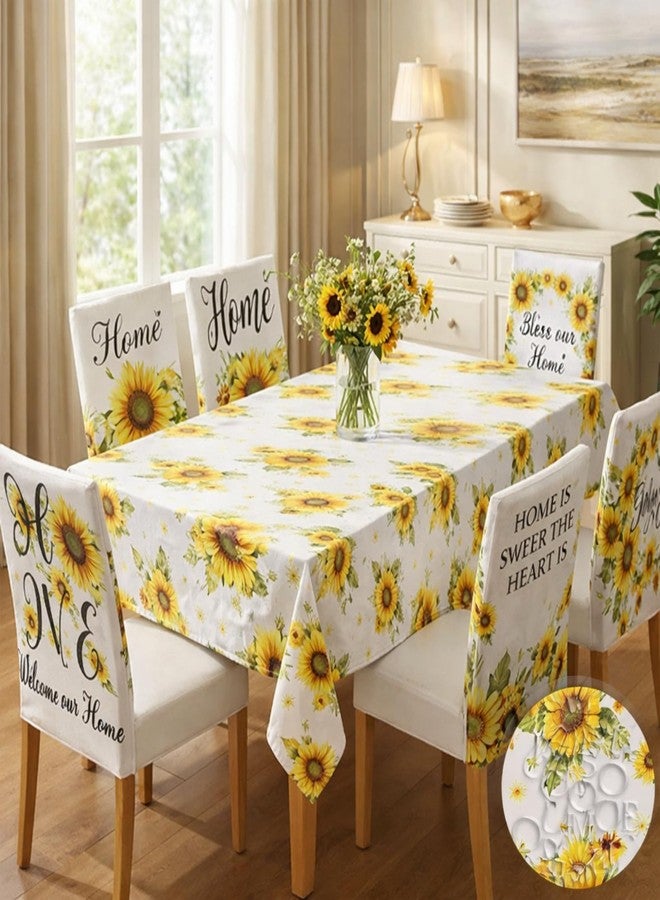 Maysing 7 Pcs Sunflower Tablecloth and Chair Covers Set 60 x 84 Inch Summer Rectangle Washable Table Cover and Stretchable Seat Slipcovers for Home Dining Room Camping Party - Image 1