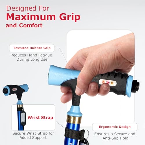AGEasy Antara AGEasy Walking Stick for Men & Women | Lumina Walking Stick with Built-in LED Torch for Old People | Walk Stick with Adjustable Height | Support Stick for Old People (Blue) (Unibase) - Image 3