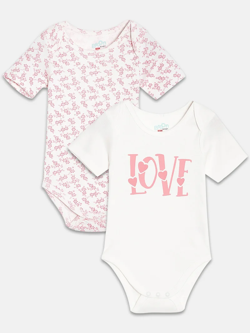 Broon Broon Infant Girls White and Off White Printed Pure Organic Cotton Bodysuit Pack of 2